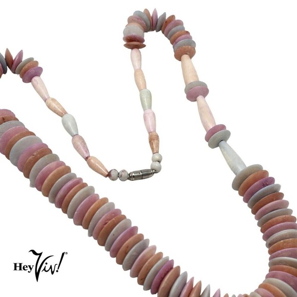 Pastel Pink and Green Flat Bead Necklace w Asymmetrical Look 26" Long - Hey Viv - Picture 2 of 6